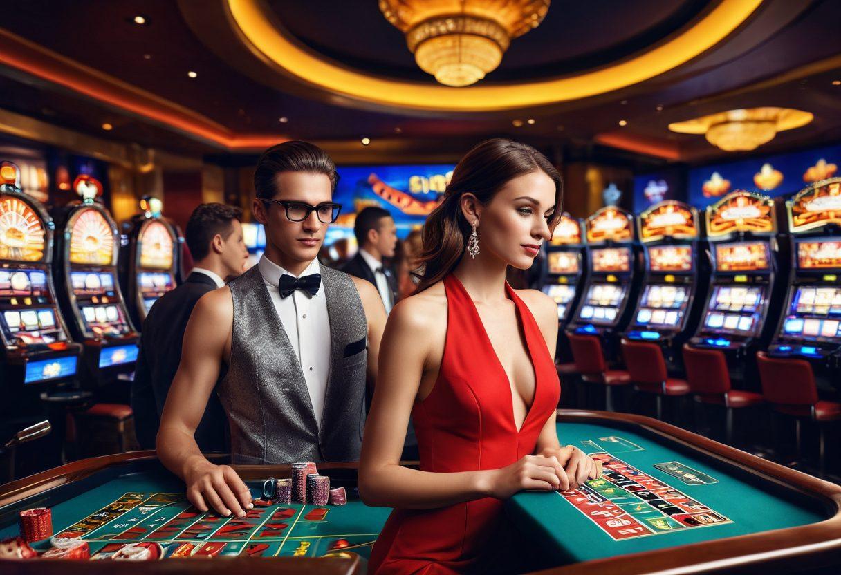 A vibrant virtual casino setting bathed in sunlight, featuring stylishly dressed individuals engaged in playful activities around digital slot machines. Include elements of high fashion intertwined with classic casino motifs, such as playing cards and chips, while showcasing a lively atmosphere filled with joy and excitement. The background should depict a sunlit skyline to emphasize the fusion of fashion and leisure. super-realistic. vibrant colors. 3D.