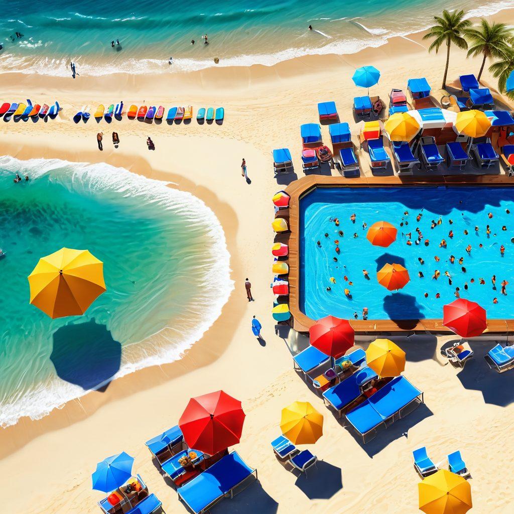 A vibrant beach scene with sunbathers and umbrellas, highlighted by digital slot machines and poker tables integrated seamlessly into the shoreline. Waves gently lap at the feet of players enjoying mobile casino games on their smartphones, creating an atmosphere of relaxation and excitement. Bright blue skies and colorful beach accessories add to the summer vibe. super-realistic. vibrant colors. 3D.