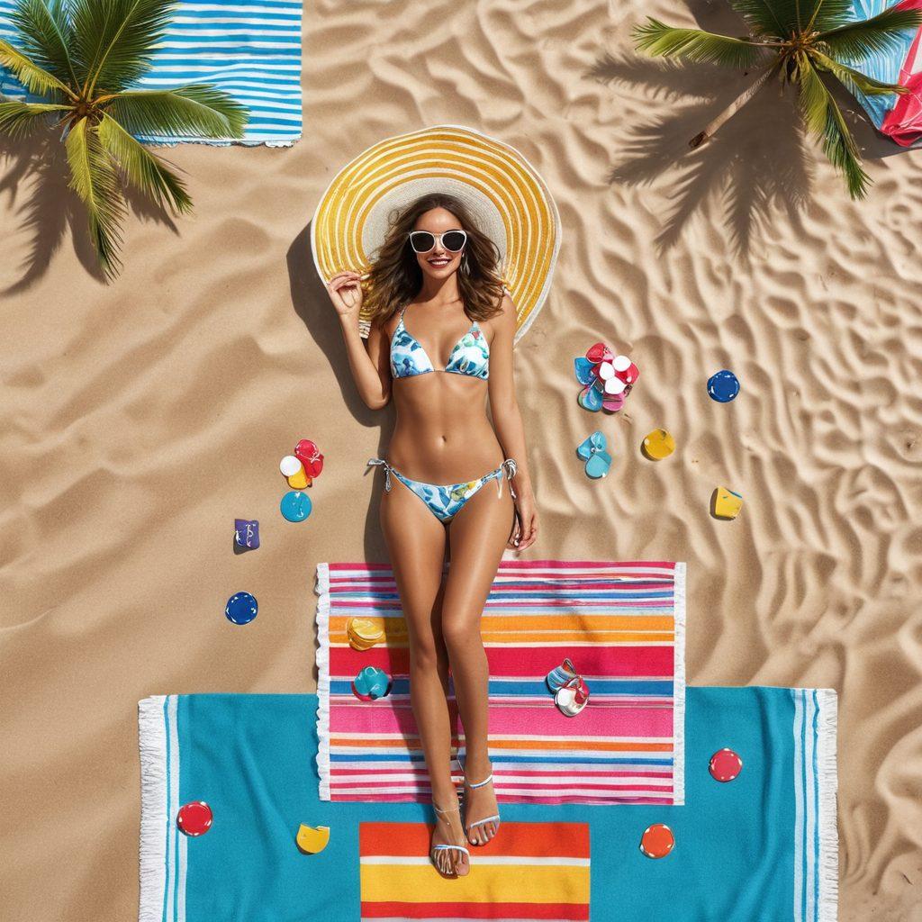 A vibrant beach scene featuring a stylish array of colorful bikinis displayed on sun-soaked sands, with playful waves in the background. Incorporate elements of online gaming, like vintage slot machines and poker chips artfully arranged among beach towels and sun hats, creating a whimsical blend of leisure and excitement. Add palm trees swaying in the breeze for a tropical vibe. bright and cheerful colors. lively atmosphere. super-realistic.